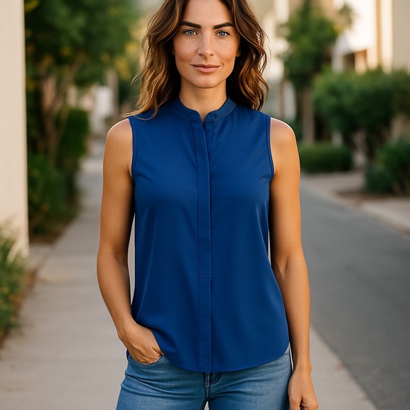 COPY - Hilary Radley Blue Mandarin Collar Fitted Blouse - Picture 1 of 7